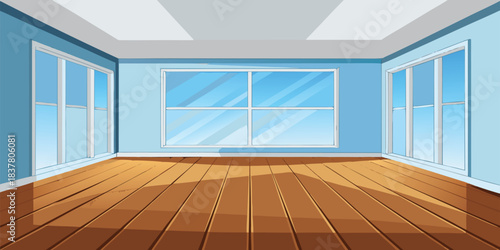 Cartoon room with wooden floor and blue walls, featuring large windows with a sky view scene
