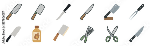Collection of various kitchen and cooking tools are neatly arranged in a flat, illustrative style, showcasing essential culinary implements with clean lines and a modern aesthetic