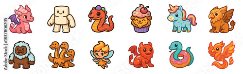 Collection of cute cartoon fantasy creatures and characters are depicted in a playful, whimsical style with vibrant colors and bold outlines, showcasing diverse mythical beings
