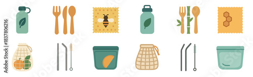 Various eco-friendly reusable items are neatly arranged in a grid, showcasing sustainable alternatives for daily living with a clean, illustrative style