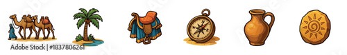 Collection of desert-themed cartoon illustrations featuring camels, a palm tree, a compass, a saddle, a jug, and a sun stone, rendered in a vibrant, playful style