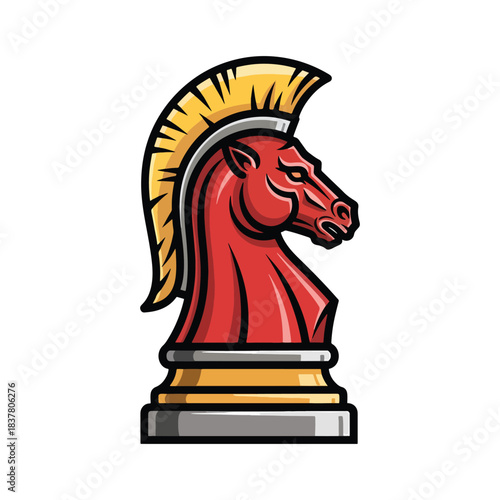 A fierce red horse chess piece with a golden mane, symbolizing strategy and power in the game of chess