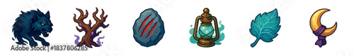 This collection of six stylized fantasy game icons features a dark wolf, gnarled tree, clawed rock, glowing lantern, mystical leaf, and crescent moon, all rendered in a vibrant, illustrative style
