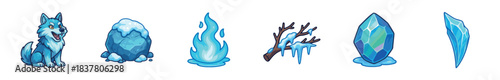 Collection of six cartoon winter-themed elements including a blue wolf, snow-covered rock, ice flame, icy branch, and two faceted crystals, rendered in a vibrant, playful illustration style