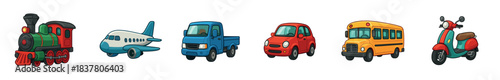 Six colorful cartoon transportation vehicles are depicted in a cheerful, bright, and simple illustration style, showcasing various modes of travel