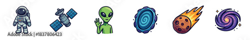 Six colorful cartoon space-themed illustrations feature an astronaut, a satellite, a friendly alien, a swirling portal, a fiery meteor, and a vibrant galaxy, presented in a playful vector art style