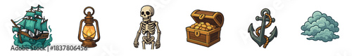 This vibrant collection of pirate-themed items features a ship, lantern, skeleton, treasure chest, anchor, and cloud, rendered in a detailed cartoon style with bold outlines and bright colors