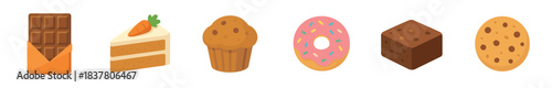 Six colorful cartoon sweet desserts including a chocolate bar, carrot cake, muffin, donut, brownie, and cookie, presented in a delightful flat vector style with vibrant details