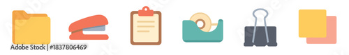 Various colorful flat design office stationery items including folders, a stapler, clipboard, tape dispenser, binder clip, and sticky notes, presented with a clean, modern aesthetic