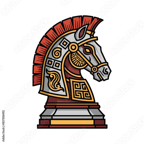 Illustration of a stylized chess piece, a knight, with a Roman warrior helmet and armor detailing