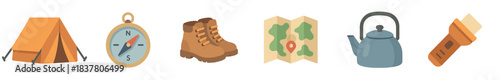 Six colorful flat design outdoor adventure equipment icons are neatly arranged, showcasing essential items for a wilderness journey in a vibrant, illustrative style