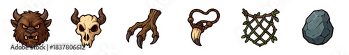 Six distinct cartoon fantasy game assets including a horned monster head, an animal skull, a claw, a tooth necklace, a leafy net, and a jagged rock, rendered in a vibrant, illustrative style