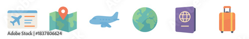 Six flat design travel icons, depicting an airplane ticket, map, plane, globe, passport, and luggage, illustrate concepts of global travel and vacation planning in a clean, modern style