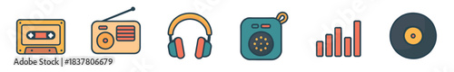 Collection of colorful flat design audio icons including a cassette, radio, headphones, speaker, equalizer, and vinyl record, presented in a modern, vibrant illustration style