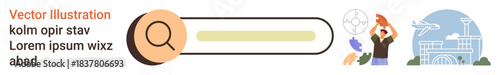 Web search, exploration, online research, discovery, UI design, creativity. A magnifying glass over a search bar, icons and graphics. Web search and exploration through elements