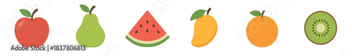 Six colorful cartoon fruits including an apple, pear, watermelon slice, mango, orange, and kiwi are depicted in a cheerful flat design illustration with bright, even lighting