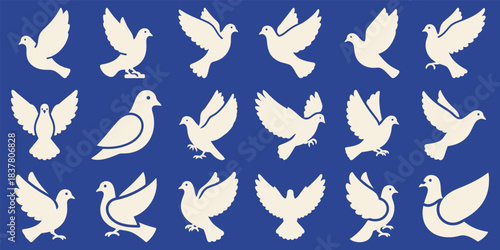 Doves In Various Poses Flying Perched Silhouette Wings