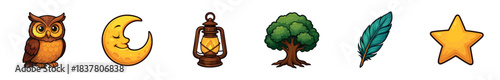 Six charming cartoon-style objects, including an owl, sleeping moon, glowing lantern, green tree, teal feather, and golden star, are neatly arranged with vibrant colors and clear outlines