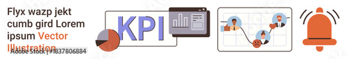 Business analysis, performance tracking, data visualization, communication, management, monitoring. Various business-related icons and graphs. Business analysis and performance tracking concept