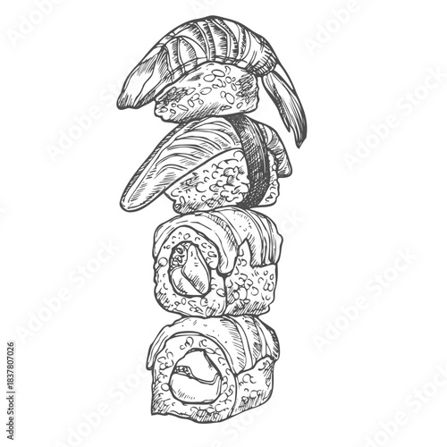 Beautiful hand drawn sushi, sketch design, doodle elements, great for textiles, banners, wallpapers, menus, background