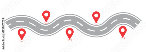 Collection of Winding Road Silhouette Illustration. Top view of a curved highway road map.  road with map pin isolated on white background. A winding road through a dark landscape with glowing.