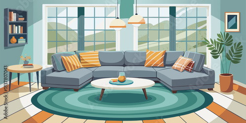 A cozy living room with a large sectional sofa, round rug, and bright windows with a view outside
