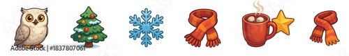 This charming collection of cartoon winter and holiday items features an owl, Christmas tree, snowflake, scarves, and hot chocolate, rendered in a cheerful, vibrant style