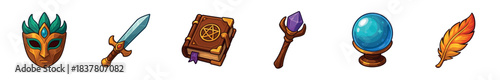 Collection of six colorful fantasy game items: mask, sword, spellbook, staff, crystal ball, and feather, all rendered in a vibrant cartoon style with bold outlines and bright highlights