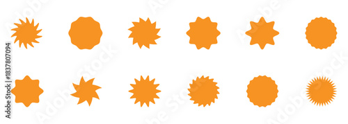 zigzag badge, discount and sale label stickers, circle sticker, wavy edge. Vector sunburst icons design showing ten minimalist sunbursts including peach rectangular rays. Price Sticker and Sale Badge