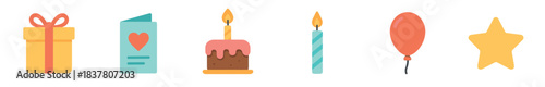 Various colorful celebration icons including a gift box, greeting card, birthday cake, candles, balloon, and star are neatly arranged in a cheerful, flat graphic style