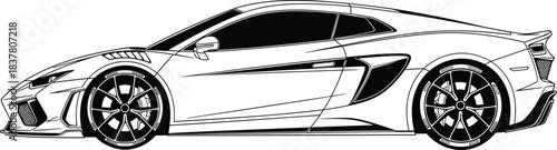 Vector illustration of modern sports car side view, black and white outline for coloring book, fast luxury racing vehicle isolated on white background design.