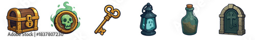 Six distinct cartoon fantasy game objects are presented, featuring a treasure chest, skull coin, golden key, ghost lantern, potion bottle, and tomb entrance, rendered in a charming style