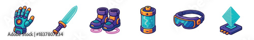 Six colorful futuristic cartoon game items: a robotic hand, glowing sword, hover boots, energy cell, goggles, and a holographic projector, rendered in a vibrant, playful vector illustration style