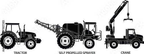Vector illustration set of heavy machinery silhouettes including farm tractor, self propelled agricultural sprayer and industrial crane truck isolated on white background for design.