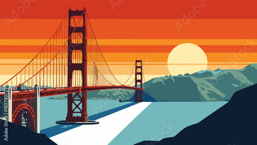 Iconic Golden Gate Bridge at Sunset in San Francisco with a Scenic Coastal Landscape and Harbor View