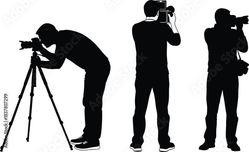 Vector illustration set of three photographer silhouettes holding cameras and using a tripod, isolated on white background for media and journalism design projects concept.