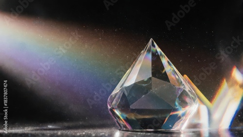 Clear Glass Prism Reflecting Rainbow Light Spectrum on Dark Background.