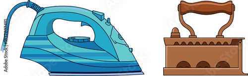 Technological Evolution of Home Laundry Tools, Contrast of Old Antique Coal Iron and Modern Electric Steam Iron on Wooden Table, Household Chores, Efficiency, Past and Present