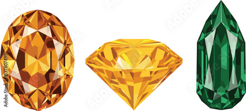 Three meticulously rendered vector gemstones: a brilliant-cut orange diamond, a fancy yellow radiant-cut gem, and an emerald green pear-shaped jewel illustrating luxury,