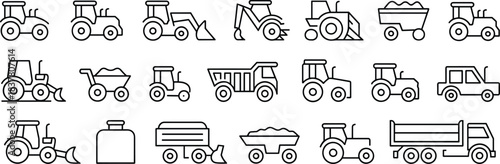Construction vehicle icons, agricultural machinery set, black line graphics, editable, isolated, tractor, bulldozer, dump truck, loader, backhoe, utility