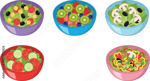 Vibrant Set of Six Artistic Vector Illustrations of Diverse and Healthy Salad Bowls, Featuring Fresh Fruit, Vegetable, and Mushroom Mixes, Perfect for Culinary