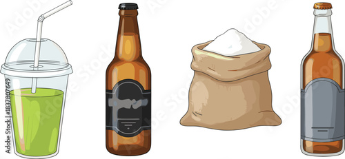 Vector illustration set depicting common food and drink items, including a refreshing green juice, two brown beer bottles, and a burlap sack filled with white granulated sugar, 