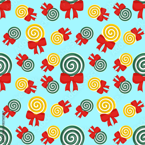 Elegant Candy Pattern with Yellow and Green Candies on Blue Background