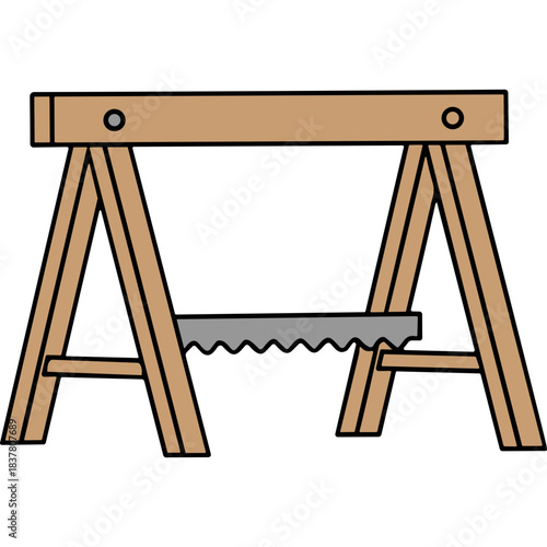 Wooden Sawhorse With Metal Saw Attached A Tool For Construction And Carpentry In A Simple Flat Design With A Black Background And Clear Lines
