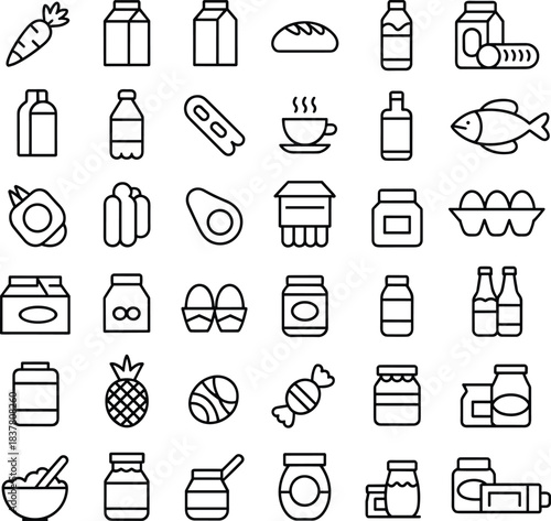 Food icons, grocery vector set, pantry clipart, editable, isolated, black line graphics, canned, fresh, beverage, snack, kitchen