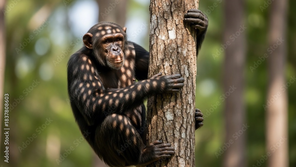 Fototapeta premium Chimpanzee clinging to a tree trunk in a lush forest environment.