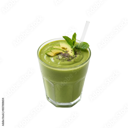 avocado smoothie thick creamy texture, glass cup, clean transparent png
