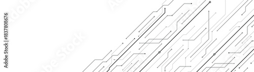 Abstract microelectronics circuit board. Diagonal pattern of lines and dots. Technology design. White background.