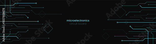 Abstract microelectronics banner. Circuit board lines background. Technology design. Digital pattern. Electronic system backdrop.