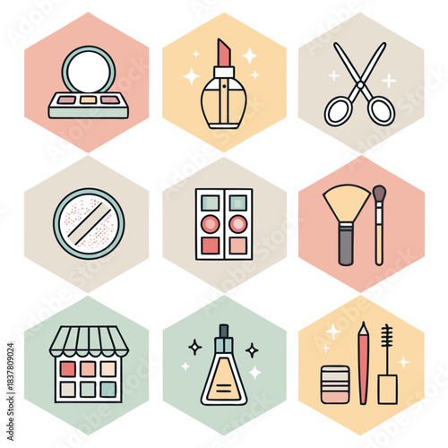 Cosmetic Essentials: A collection of meticulously crafted icons showcasing an array of essential cosmetic items, perfect for beauty product branding and design needs. 